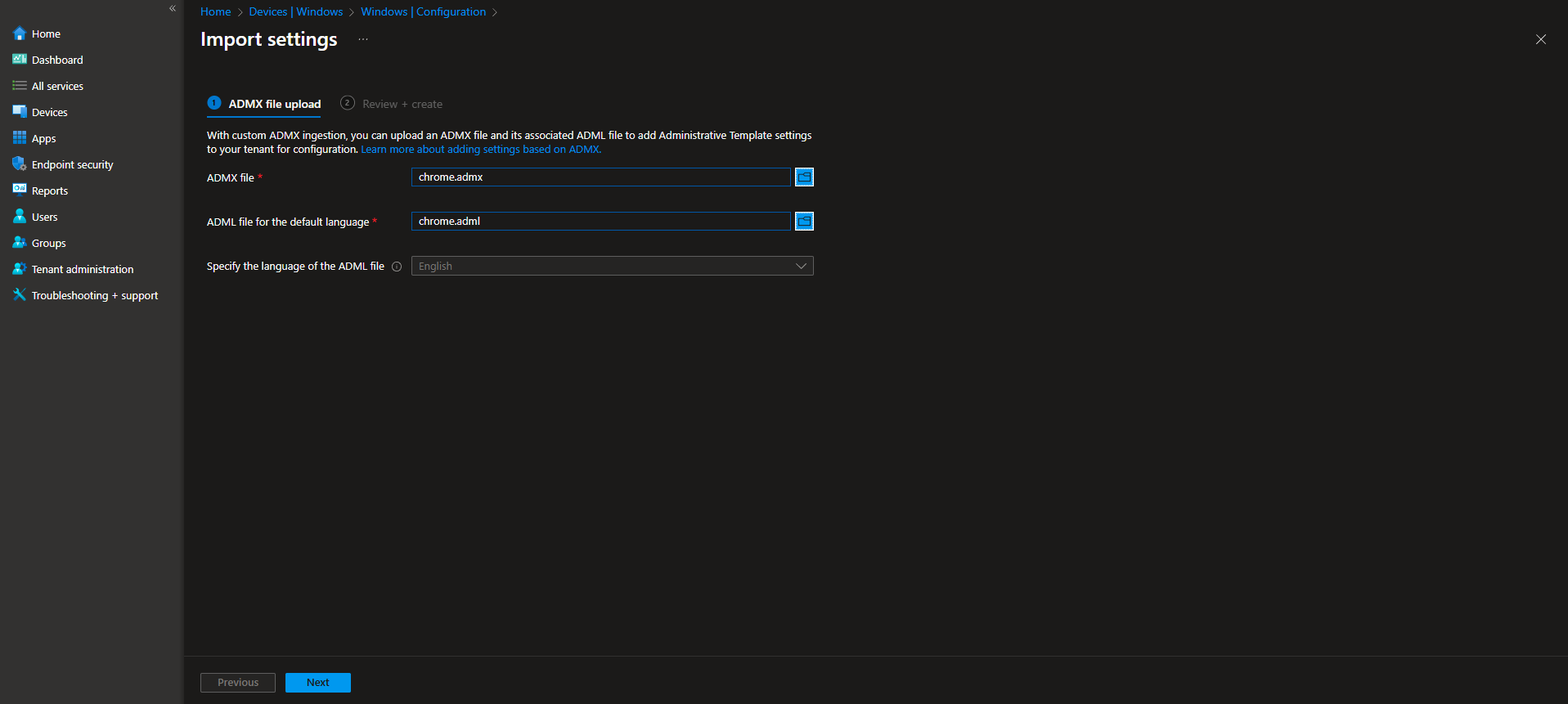 Uploading Google ADMX and ADML files in Intune